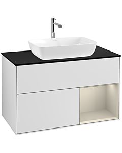 Villeroy und Boch Finion Waschtischunterschrank F782HHMT 100cm, Abdeckplatte black matt, Regale sand matt lacquer, White matt lacquer