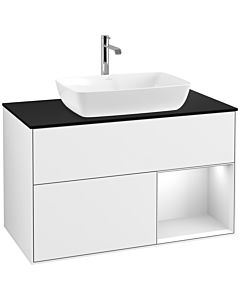 Villeroy und Boch Finion Villeroy und Boch F782MTGF 100cm, plaque de recouvrement noire mate, étagères en laque blanche mate, laque blanche brillante
