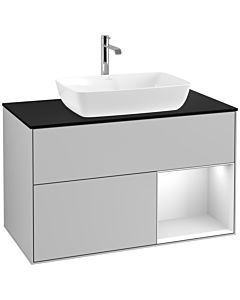 Villeroy und Boch Finion Villeroy und Boch F782MTGJ 100cm, plaque de recouvrement noir mat, étagères laqué blanc mat, gris clair mat