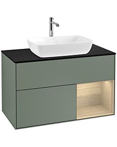 Villeroy und Boch Finion Waschtischunterschrank F782PCGM 100cm, Abdeckplatte black matt, Regale Oak Veneer, Olive Matt Lacquer
