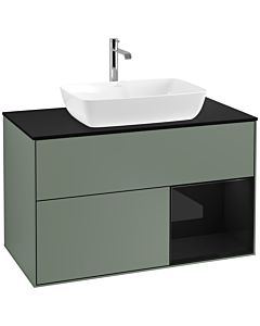 Villeroy und Boch Finion Waschtischunterschrank F782PHGM 100cm, Abdeckplatte black matt, Regale Glossy black lacquer, Olive Matt Lacquer