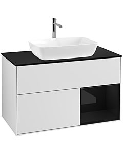 Villeroy und Boch Finion Waschtischunterschrank F782PHMT 100cm, Abdeckplatte black matt, Regale Glossy black lacquer, White matt lacquer