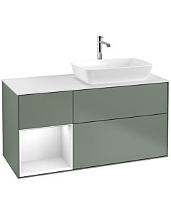 Villeroy und Boch Finion Villeroy und Boch F801GFGM 120cm, plaque de finition blanc mat, étagères laqué blanc brillant, Olive Matt Lacquer