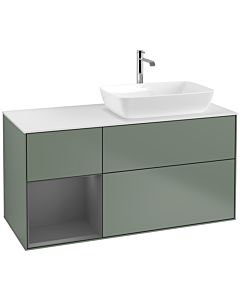 Villeroy und Boch Finion Waschtischunterschrank F801GKGM 120cm, Abdeckplatte white matt, Regale Anthracite matt lacquer, Olive Matt Lacquer