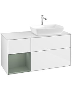 Villeroy und Boch Finion Waschtischunterschrank F801GMGF 120cm, Abdeckplatte white matt, Regale Olive matt lacquer, Glossy white lacquer