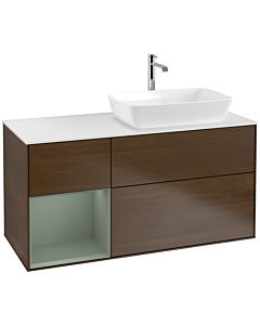 Villeroy und Boch Finion Waschtischunterschrank F801GMGN 120cm, Abdeckplatte white matt, Regale Olive matt lacquer, Walnut veneer