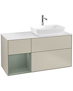 Villeroy und Boch Finion Waschtischunterschrank F801GMHH 120cm, Abdeckplatte white matt, Regale Olive matt lacquer, Sand Matt Lacquer