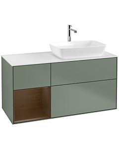 Villeroy und Boch Finion Waschtischunterschrank F801GNGM 120cm, Abdeckplatte white matt, Regale Walnut Veneer, Olive Matt Lacquer