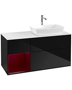 Villeroy und Boch Finion Waschtischunterschrank F801HBPH 120cm, Abdeckplatte white matt, Regale Peony matt lacquer, Glossy Black Lacquer