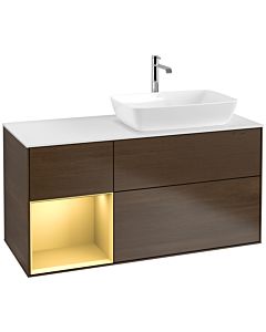 Villeroy und Boch Finion Waschtischunterschrank F801HFGN 120cm, Abdeckplatte white matt, Regale Gold matt lacquer, Walnut veneer