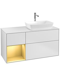 Villeroy und Boch Finion Waschtischunterschrank F801HFMT 120cm, Abdeckplatte white matt, Regale Gold matt lacquer, White matt lacquer