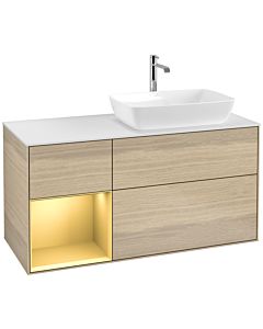 Villeroy und Boch Finion Waschtischunterschrank F801HFPC 120cm, Abdeckplatte white matt, Regale Gold matt lacquer, Oak Veneer