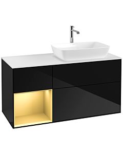 Villeroy und Boch Finion Waschtischunterschrank F801HFPH 120cm, Abdeckplatte white matt, Regale Gold matt lacquer, Glossy Black Lacquer