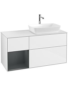 Villeroy und Boch Finion Waschtischunterschrank F801HGGF 120cm, Abdeckplatte white matt, Regale Midnight matt lacquer, Glossy white lacquer