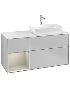 Villeroy und Boch Finion Villeroy und Boch F801HHGJ 120cm, plaque de finition blanc mat, étagères laqué sable mat, gris clair mat