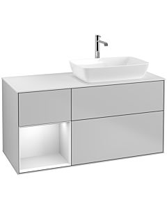 Villeroy und Boch Finion Villeroy und Boch F801MTGJ 120cm, plaque de recouvrement blanc mat, étagères laqué blanc mat, gris clair mat