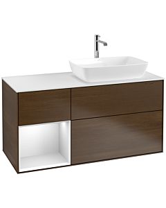 Villeroy und Boch Finion Waschtischunterschrank F801MTGN 120cm, Abdeckplatte white matt, Regale White matt lacquer, Walnut veneer