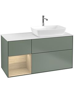Villeroy und Boch Finion Waschtischunterschrank F801PCGM 120cm, Abdeckplatte white matt, Regale Oak Veneer, Olive Matt Lacquer