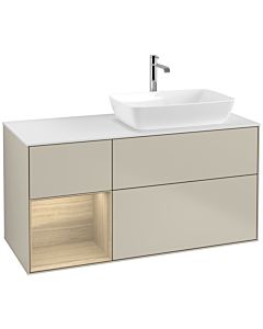 Villeroy und Boch Finion Waschtischunterschrank F801PCHH 120cm, Abdeckplatte white matt, Regale Oak Veneer, Sand Matt Lacquer