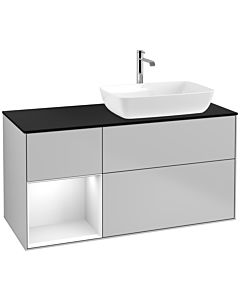 Villeroy und Boch Finion Waschtischunterschrank F802GFGJ 120cm, Abdeckplatte black matt, Regale Glossy white lacquer, Light grey matt