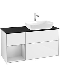Villeroy und Boch Finion Waschtischunterschrank F802GJGF 120cm, Abdeckplatte black matt, Regale Light grey matt lacquer, Glossy white lacquer