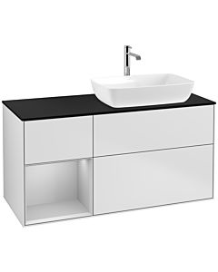 Villeroy und Boch Finion Waschtischunterschrank F802GJMT 120cm, Abdeckplatte black matt, Regale Light grey matt lacquer, White matt lacquer