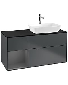 Villeroy und Boch Finion Waschtischunterschrank F802GKHG 120cm, Abdeckplatte black matt, Regale Anthracite matt lacquer, Midnight Blue Matt Lacquer