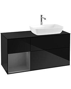 Villeroy und Boch Finion Waschtischunterschrank F802GKPH 120cm, Abdeckplatte black matt, Regale Anthracite matt lacquer, Glossy Black Lacquer