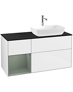 Villeroy und Boch Finion Waschtischunterschrank F802GMGF 120cm, Abdeckplatte black matt, Regale Olive matt lacquer, Glossy white lacquer