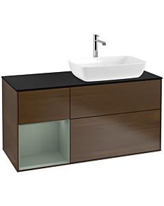 Villeroy und Boch Finion Waschtischunterschrank F802GMGN 120cm, Abdeckplatte black matt, Regale Olive matt lacquer, Walnut veneer