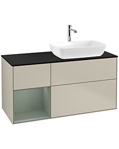 Villeroy und Boch Finion Waschtischunterschrank F802GMHH 120cm, Abdeckplatte black matt, Regale Olive matt lacquer, Sand Matt Lacquer
