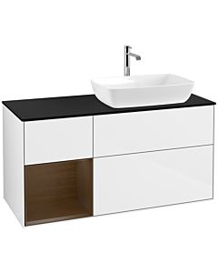 Villeroy und Boch Finion Waschtischunterschrank F802GNGF 120cm, Abdeckplatte black matt, Regale Walnut Veneer, Glossy white lacquer