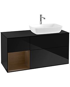 Villeroy und Boch Finion Waschtischunterschrank F802GNPH 120cm, Abdeckplatte black matt, Regale Walnut Veneer, Glossy Black Lacquer