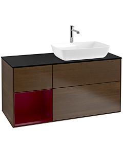 Villeroy und Boch Finion Waschtischunterschrank F802HBGN 120cm, Abdeckplatte black matt, Regale Peony matt lacquer, Walnut veneer