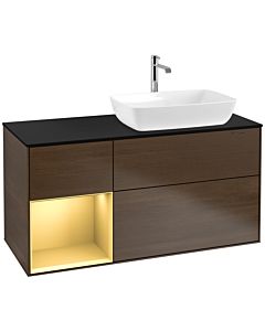 Villeroy und Boch Finion Waschtischunterschrank F802HFGN 120cm, Abdeckplatte black matt, Regale Gold matt lacquer, Walnut veneer