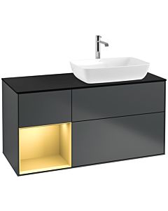 Villeroy und Boch Finion Waschtischunterschrank F802HFHG 120cm, Abdeckplatte black matt, Regale Gold matt lacquer, Midnight Blue Matt Lacquer