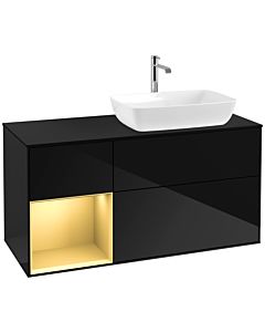 Villeroy und Boch Finion Waschtischunterschrank F802HFPH 120cm, Abdeckplatte black matt, Regale Gold matt lacquer, Glossy Black Lacquer