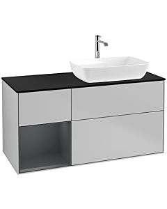 Villeroy und Boch Finion Waschtischunterschrank F802HGGJ 120cm, Abdeckplatte black matt, Regale Midnight matt lacquer, Light grey matt