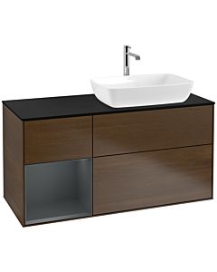 Villeroy und Boch Finion Waschtischunterschrank F802HGGN 120cm, Abdeckplatte black matt, Regale Midnight matt lacquer, Walnut veneer