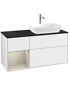 Villeroy und Boch Finion Waschtischunterschrank F802HHGF 120cm, Abdeckplatte black matt, Regale sand matt lacquer, Glossy white lacquer