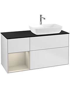 Villeroy und Boch Finion Waschtischunterschrank F802HHMT 120cm, Abdeckplatte black matt, Regale sand matt lacquer, White matt lacquer