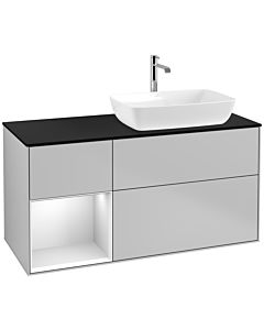 Villeroy und Boch Finion Waschtischunterschrank F802MTGJ 120cm, Abdeckplatte black matt, Regale White matt lacquer, Light grey matt