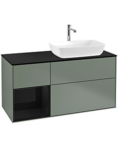Villeroy und Boch Finion Waschtischunterschrank F802PHGM 120cm, Abdeckplatte black matt, Regale Glossy black lacquer, Olive Matt Lacquer
