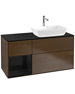 Villeroy und Boch Finion Waschtischunterschrank F802PHGN 120cm, Abdeckplatte black matt, Regale Glossy black lacquer, Walnut veneer