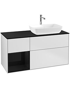 Villeroy und Boch Finion Waschtischunterschrank F802PHMT 120cm, Abdeckplatte black matt, Regale Glossy black lacquer, White matt lacquer