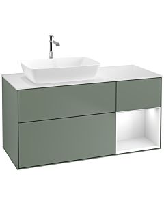 Villeroy und Boch Finion Villeroy und Boch F811GFGM 120cm, plaque de finition blanc mat, étagères laqué blanc brillant, Olive Matt Lacquer