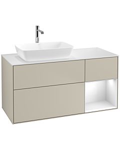 Villeroy und Boch Finion Villeroy und Boch F811GFHH 120cm, plaque de finition blanc mat, étagères laqué blanc brillant, Sand Matt Lacquer