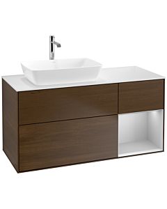 Villeroy und Boch Finion Waschtischunterschrank F811GJGN 120cm, Abdeckplatte white matt, Regale Light grey matt lacquer, Walnut veneer