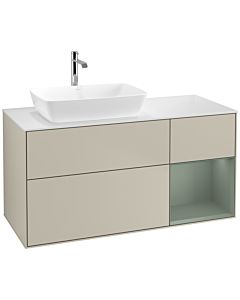 Villeroy und Boch Finion Villeroy und Boch F811GMHH 120cm, plaque de finition blanc mat, étagères laqué mat olive, Sand Matt Lacquer