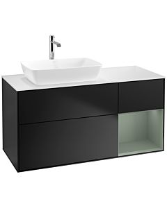 Villeroy und Boch Finion Villeroy und Boch F811GMPD 120cm, plaque de recouvrement blanc mat, étagères laqué mat olive, laqué mat noir